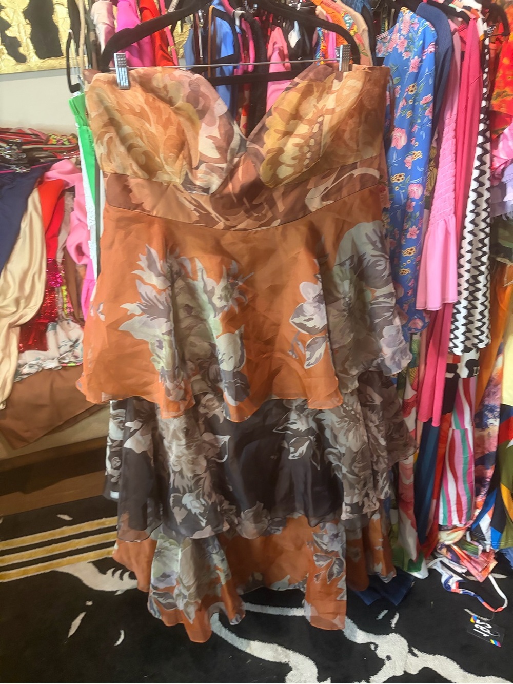 Anthropologie Strapless Tiered Floral Dress in Rust and Brown